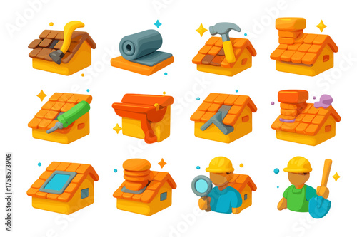 Roofing Process Icons. 3D icons set of roof replacement stages: old shingles removal, underlayment roll, new shingles installation, ridge cap placement, roof