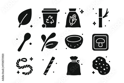 Biodegradable Icons Grid. Biodegradable materials. Solid icons set of biodegradable materials: leaf, compost bin, corn starch bag, bamboo straw, wooden spoon,