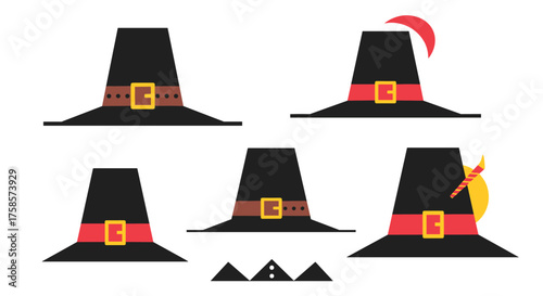 Five distinct pilgrim hats with various embellishments for holiday design.