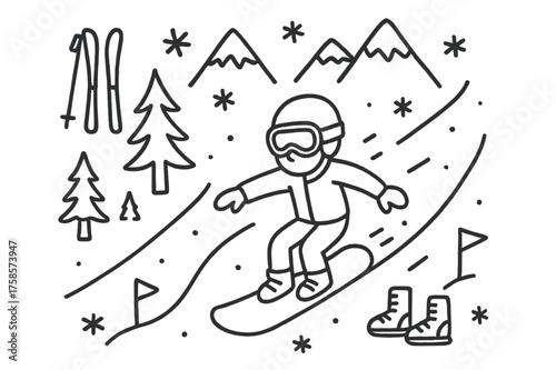 Snowy Mountain Adventure. Skiing or Snowboarding Down a Snowy Mountain Slope. Hand-drawn doodle illustration skiing or snowboarding down a snowy mountain slope
