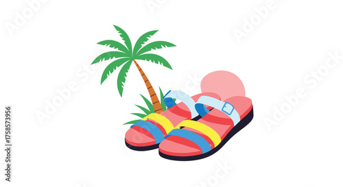 Colorful sandals rest under a palm tree on a sunny day.
