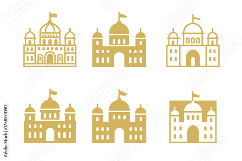 Ornate Palace Logos. Royal palaces. Set Logo of Architecture: ornate palace icon. harmonious logo variations of the same emblematic concept, each