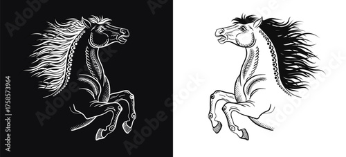 Set of 2 hand drawn rearing horses in motion with flowing mane on black and white background. 2026 Year of the Horse, zodiac, tattoo, Equine art themes. Engraved vector line illustration