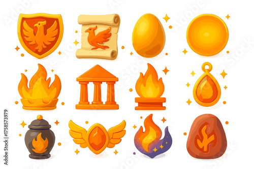 Mythical Phoenix Icons. Phoenix mythology. 3D icons set of phoenix mythology: phoenix crest emblem, ancient scroll with bird, golden egg, sun disk, flame