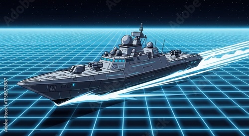 Futuristic Warship Navigating a Cybernetic Grid, Neon Trails, Starry Sky