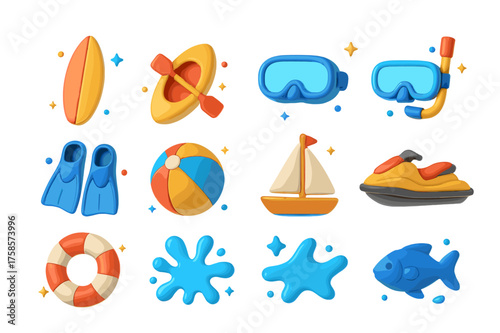 3D Water Activity Icons. Water activities. 3D icons set of water activities: surfboard, kayak, paddle, swimming goggles, snorkel mask, diving fins, beach ball,