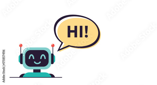 Cute robot saying hi in a speech bubble with a friendly face.