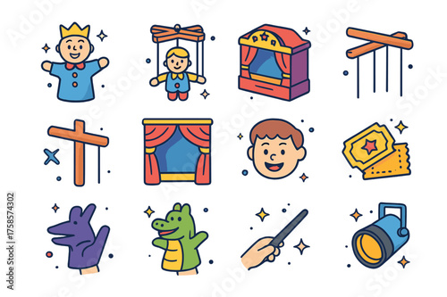 Puppet Theater Icons. Colorful isometric vector icons set of puppet theater: hand puppet, marionette, puppet stage, string controls, wooden crossbar, theater