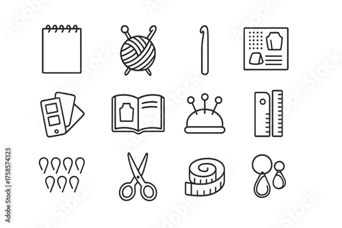 Knitting Crochet Icon Set. Knitting and crochet inspiration. Line icon set of Knitting and crochet inspiration: sketch pad, yarn ball, knitting needles,
