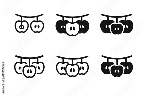 Apple Garland Logos. Drying apples. Set Logo of Drying apples: Hanging apple garland on a natural twine. harmonious logo variations of the same emblematic