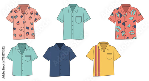 A vibrant collection of short sleeved shirts with various designs and colors.