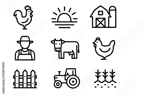 Farm Morning Icons. Morning on farm. Line icon set of morning on farm: rooster, sun rising, barn, farmer, cow, chicken, fence, tractor, crops, milk bucket. All