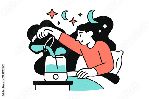 Calm Sleep Ritual. Night routine. A bedside humidifier glowing softly as a person refills it with water, abstract stars and moons floating above to show calm