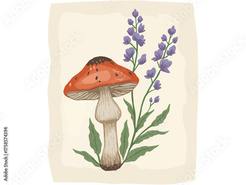 Vintage Botanical Illustration of Morel Mushroom and Wild Violets | Antique Nature Artwork Featuring Morel and Violets | Classic Botanical Print of Mushroom and Woodland Flowers 