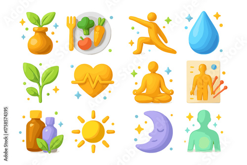 Holistic Wellness Icons. Holistic wellness. 3D icons set of holistic wellness: herbal remedy, balanced diet plate, yoga stretch, water drop, leafy plant,