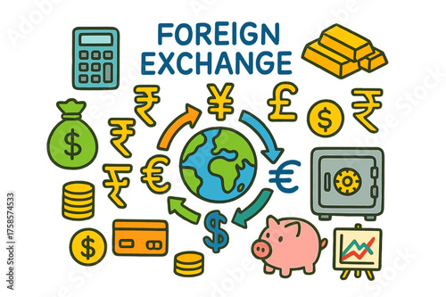 Colorful Currency Doodle. Foreign Exchange. Colorful Hand-drawn doodle Children illustration Foreign Exchange dollar sign, euro sign, yen sign, pound sign,