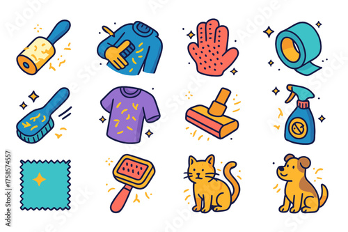 Pet Hair Removal Icons. Colorful isometric vector icons set of pet hair removal: lint roller with fur, hand brushing cat hair off clothes, rubber pet glove,