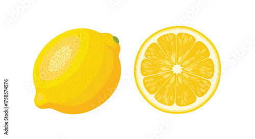 A bright yellow lemon whole and sliced in half.