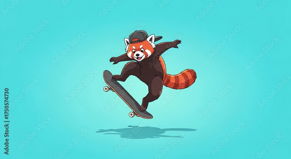 Fototapeta premium Red panda skateboarding mid-air against teal background
