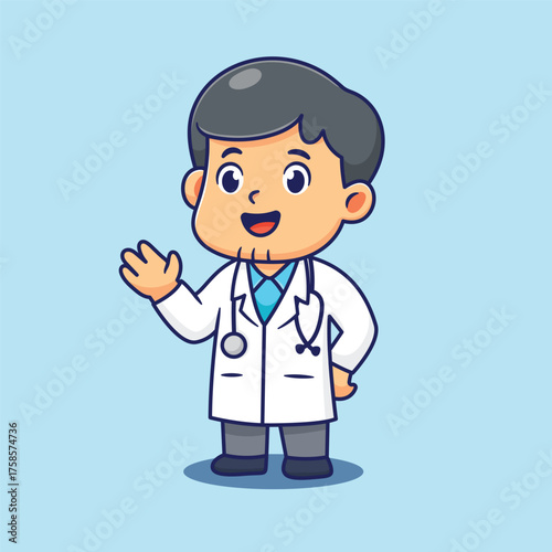 Cheerful Cartoon Doctor Character Illustration Waving Hello with a Friendly Smile and Stethoscope