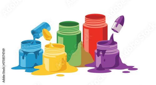 A collection of colorful paint pots spilling their contents.