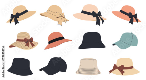 A collection of various hats for women and men.