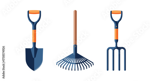 A set of gardening tools including a spade a rake and a pitchfork.