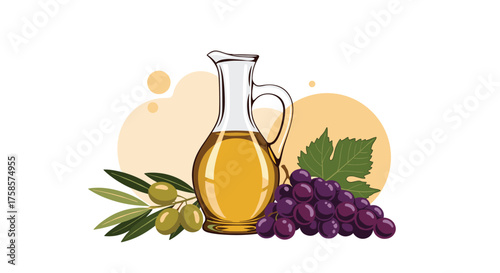 Healthy olive oil and fresh grapes with leaves and branches.