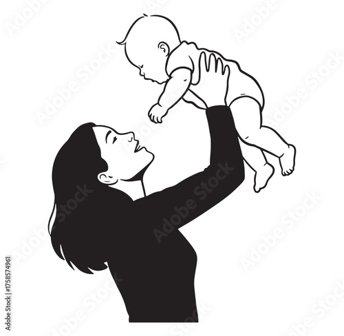 A loving mother holding her baby upward in a celebration of parenthood and joy