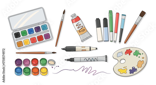 An assortment of art supplies for drawing and painting.