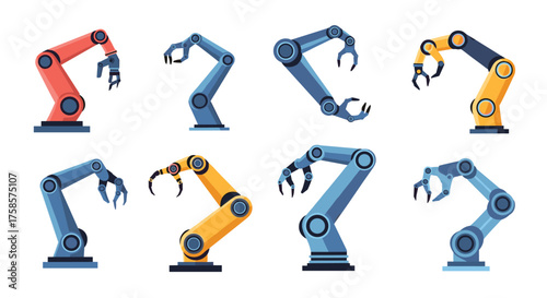 Industrial robotic arms in various configurations for automation tasks.