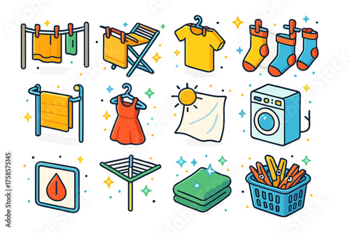 Colorful Laundry Icons. Colorful isometric vector icons set of laundry drying: clothesline with pins, drying rack, t-shirt drying, socks hanging, towel on