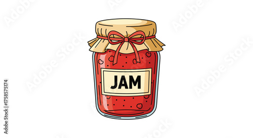 A jar of delicious homemade fruit jam with a label indicating jam. The jar is tied with a ribbon and cloth.