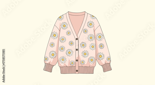 A cute pink cardigan with a floral print and buttons.