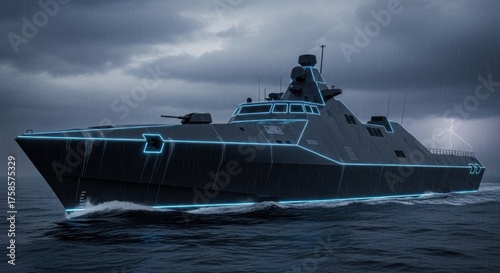 Futuristic Warship Navigating Stormy Seas with Lightning Strike and Neon Accents