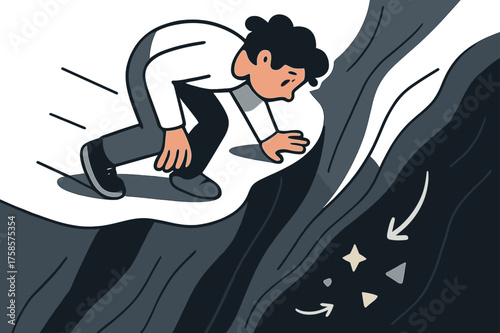 Cliffside Vector Adventure. Looking down. A figure peering over the cliffside, small glowing icons floating below to show depth. Curved lines emphasize steep