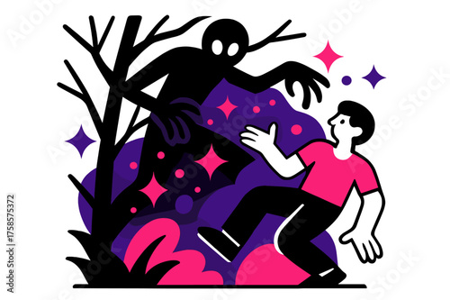 Glowing Eyes Encounter. Strange encounter. A figure with glowing eyes and elongated limbs lurking behind dark branches, floating abstract sparks glowing in the