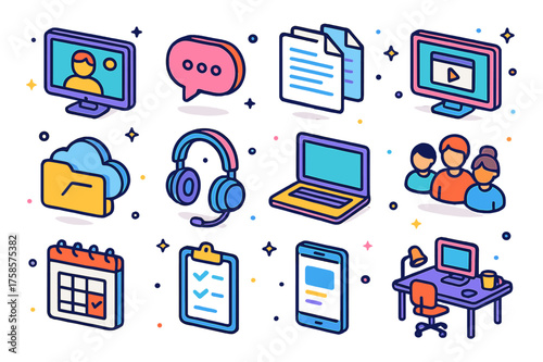 Remote Work Icons. Colorful isometric vector icons set of remote work tools: video call screen, chat bubble, online documents, shared screen, cloud folder,