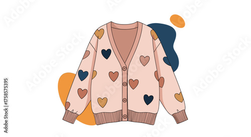 A cozy pink cardigan with a heart pattern and textured details.