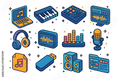 Digital Music Icons. Digital music. Colorful isometric vector icons set of digital music: laptop with notes, digital piano, MIDI controller, mixing desk,