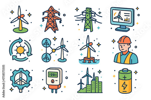 Vibrant Wind Energy Icons. Colorful isometric vector icons set of wind turbine networks: wind turbine, transmission tower, power lines, control center,