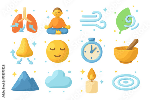 Mindful Breathing Icons. Mindful breathing. 3D icons set of mindful breathing: lungs with airflow, person sitting calmly, breath waves, leaf with air swirl,