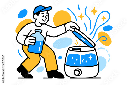 Humidifier Refreshment Scene. Humidifier care. A character holding a jug of water while opening the lid of a humidifier, abstract glowing lines showing