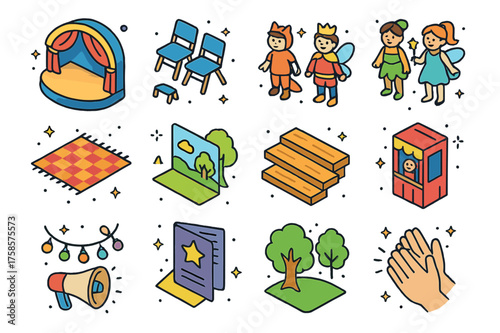 Children's Outdoor Theater Icons. Colorful isometric vector icons set of outdoor children?s theater: open-air stage, folding chairs, picnic blanket, kids in