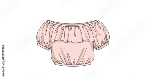 Pink off the shoulder ruffled crop top with short puff sleeves.