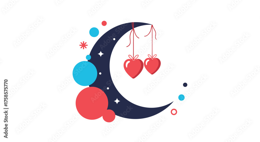Obraz premium A crescent moon with colorful circles and hanging hearts