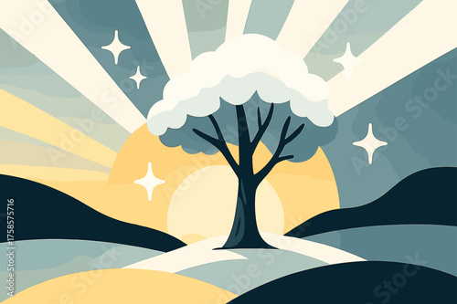 Frosted Sunrise Scene. Glacial morning. A lone frosted tree stands glowing against an abstract sunrise with pale rays. Floating spark icons highlight the cold