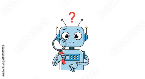 Sad robot looking through magnifying glass with question mark above its head.