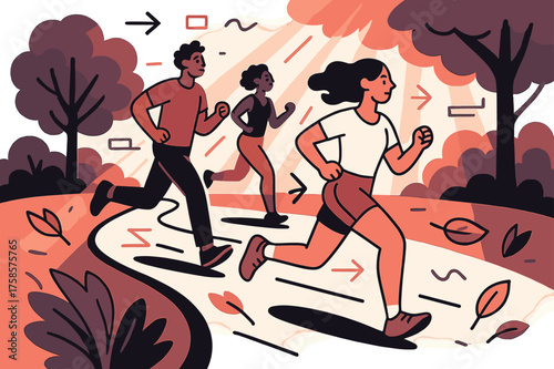 Energetic Park Jogging. Jogging in park. Glowing sun rays breaking through trees onto a jogging path, abstract floating geometric lines and leaves emphasizing