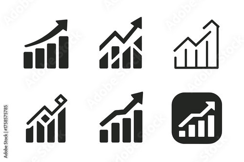Diverse Stock Logos. Stock trading strategies. Set Logo of Stock trading strategies: Rising Arrow on Bar Chart. harmonious logo variations of the